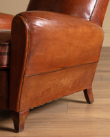 Art Deco Style Leather Club Chair with Plaid Wool Cushion, France, 1940's