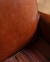 Art Deco Style Leather Club Chair with Plaid Wool Cushion, France, 1940's