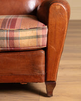 Art Deco Style Leather Club Chair with Plaid Wool Cushion, France, 1940's