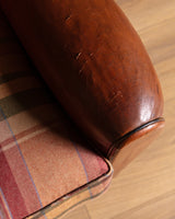 Art Deco Style Leather Club Chair with Plaid Wool Cushion, France, 1940's