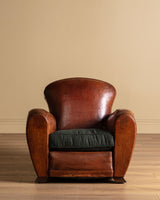 Art Deco Style Leather Club Chair with Green Check Cushion, France, 1940's