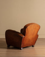 Art Deco Style Leather Club Chair with Green Check Cushion, France, 1940's