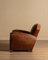 Art Deco Style Leather Club Chair with Green Check Cushion, France, 1940's