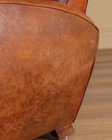 Art Deco Style Leather Club Chair with Green Check Cushion, France, 1940's