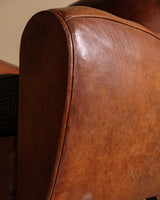 Art Deco Style Leather Club Chair with Green Check Cushion, France, 1940's