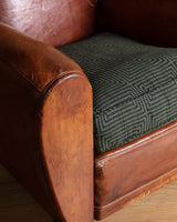 Art Deco Style Leather Club Chair with Green Check Cushion, France, 1940's