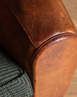 Art Deco Style Leather Club Chair with Green Check Cushion, France, 1940's