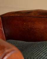 Art Deco Style Leather Club Chair with Green Check Cushion, France, 1940's