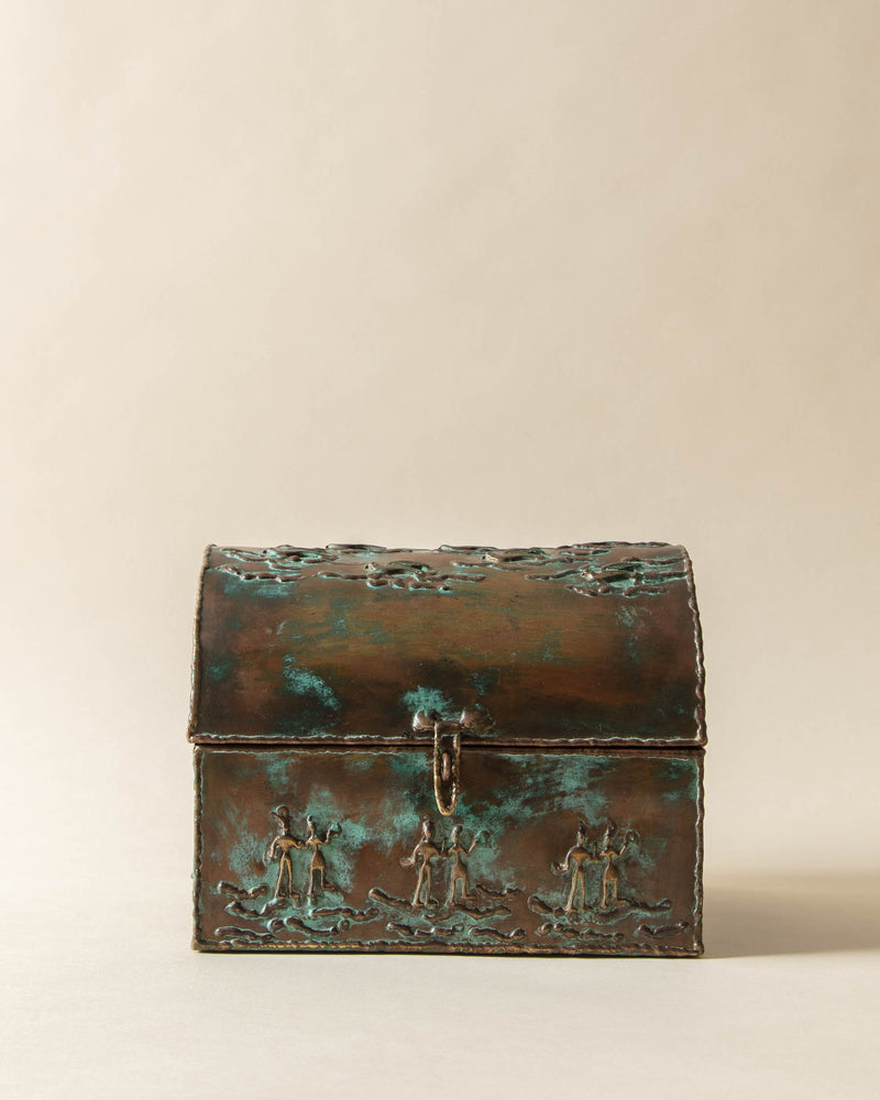 Verdigris Brass Domed Chest Box with Birds and Figures