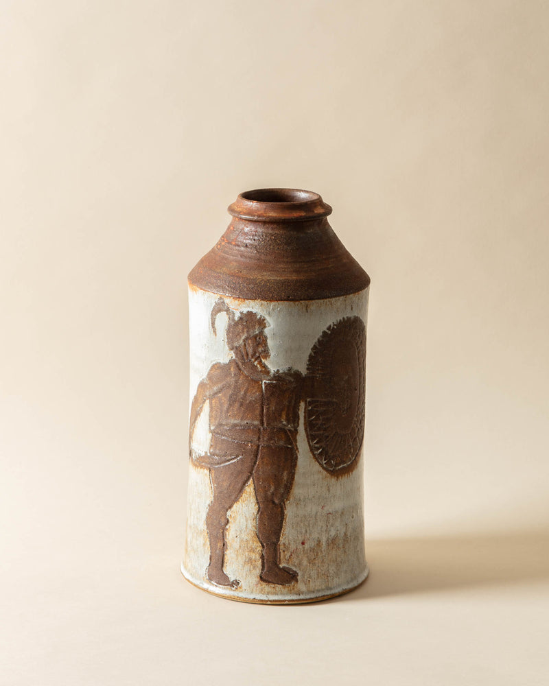 Studio Pottery Vase with Etched and Glazed Warriors
