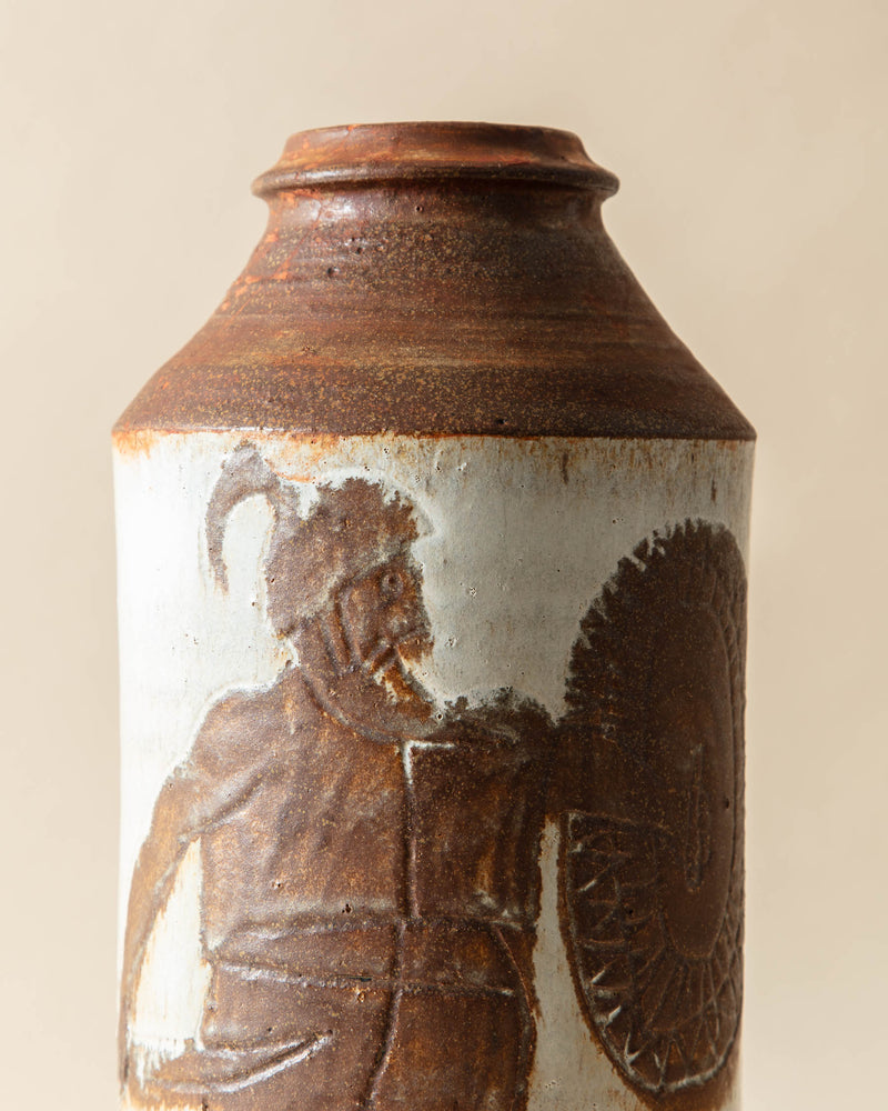 Studio Pottery Vase with Etched and Glazed Warriors