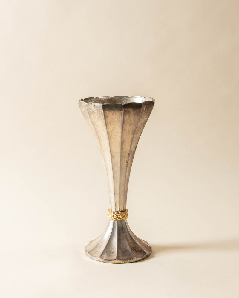 Flared Art Deco Metal Vase with Brass Braid Detail