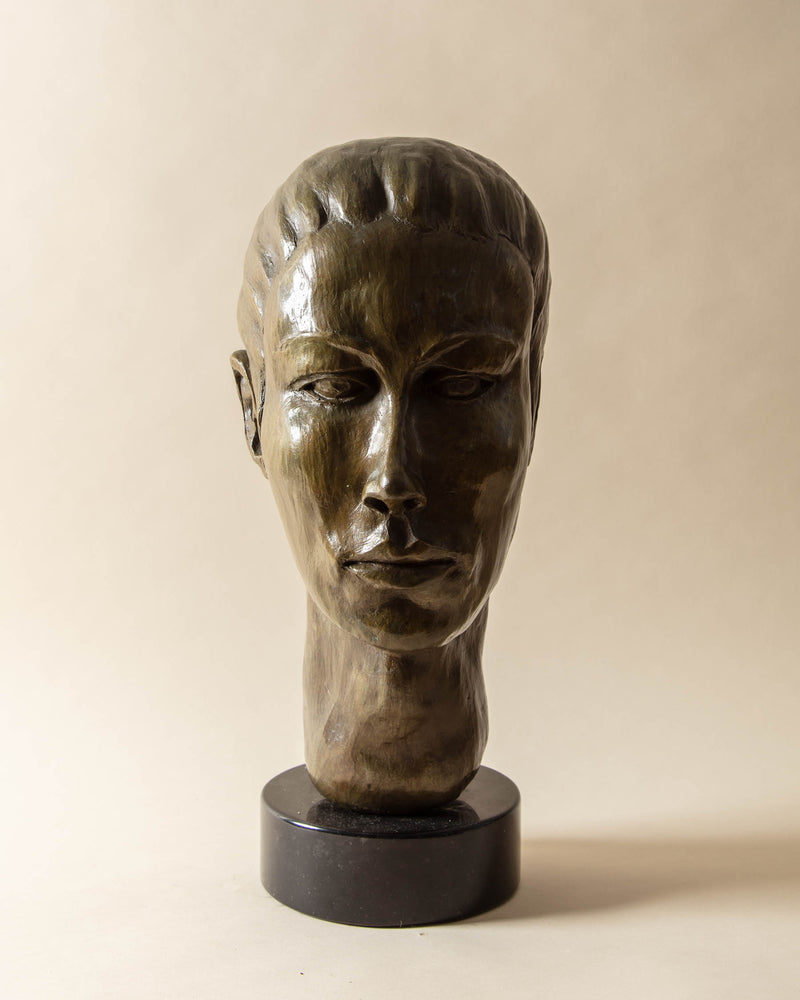 Signed Androgynous Bronze Bust Head Sculpture, Large with Bun