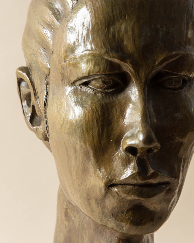 Signed Androgynous Bronze Bust Head Sculpture, Large with Bun