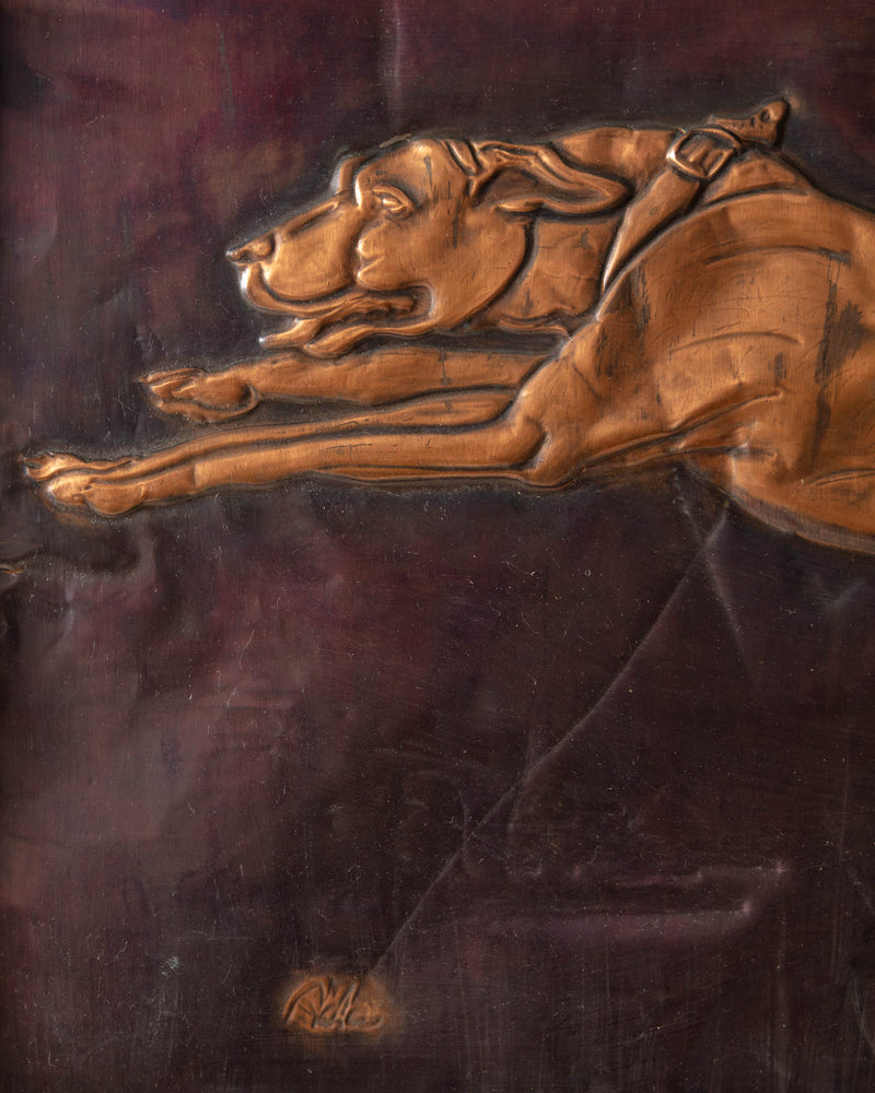 Signed Hammered Copper Greyhound Relief Art