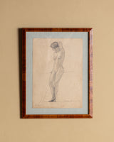 Art Deco Woman Pencil Sketch with Blue Linen Mat, France, 1920s