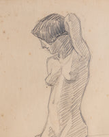 Art Deco Woman Pencil Sketch with Blue Linen Mat, France, 1920s