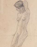 Art Deco Woman Pencil Sketch with Blue Linen Mat, France, 1920s