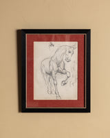 Equestrian Rearing Horse Pencil Sketch with Red Linen Mat, France, 1930s