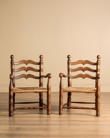Pair of Turned Ladderback Wood & Rush Armchairs, France, 1950s