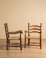 Pair of Turned Ladderback Wood & Rush Armchairs, France, 1950s