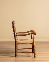 Pair of Turned Ladderback Wood & Rush Armchairs, France, 1950s