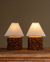 Pair of Cubist Wood Block Table Lamps w/ Low Square Shades, Italy, Contemporary
