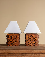 Pair of Cubist Wood Block Table Lamps w/ Low Square Shades, Italy, Contemporary