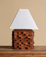 Pair of Cubist Wood Block Table Lamps w/ Low Square Shades, Italy, Contemporary