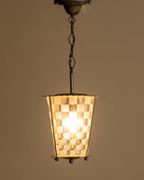 Checkerboard Glass & Brass Lantern Pendant, Italy, 1950s