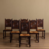 Set of 6 Neo-Basque Oak & Rush Dining Chairs, France, 1950's