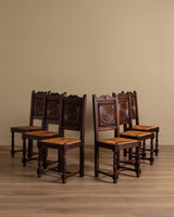 Set of 6 Neo-Basque Oak & Rush Dining Chairs, France, 1950's