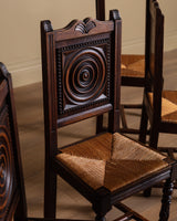 Set of 6 Neo-Basque Oak & Rush Dining Chairs, France, 1950's