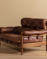 Swedish Safari Style Oak & Leather Sofa, 1960's
