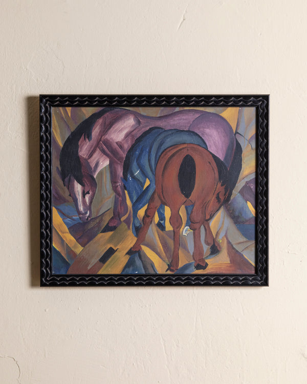 Cubist Style Horses Oil Painting in Black Scallop Frame, 1970's