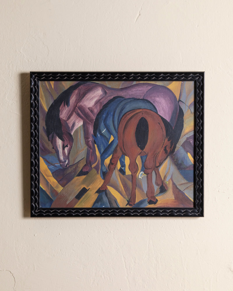 Cubist Style Horses Oil Painting in Black Scallop Frame, 1970's