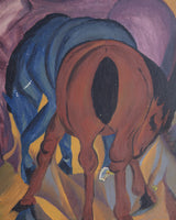 Cubist Style Horses Oil Painting in Black Scallop Frame, 1970's
