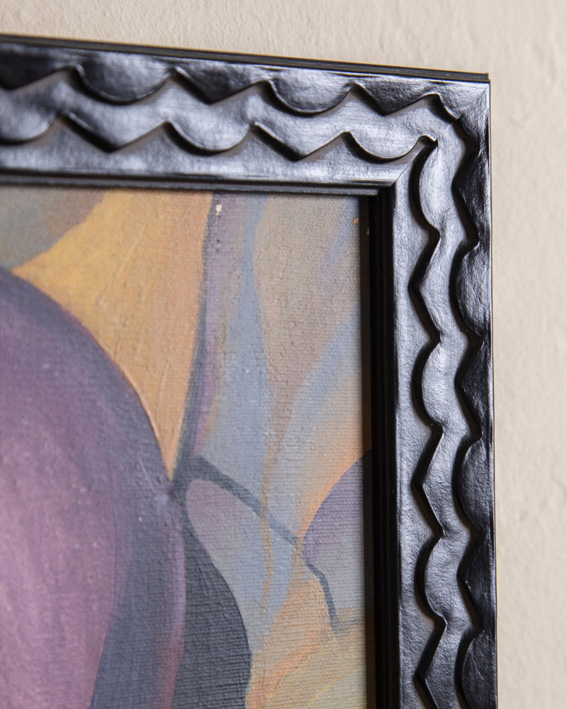 Cubist Style Horses Oil Painting in Black Scallop Frame, 1970's