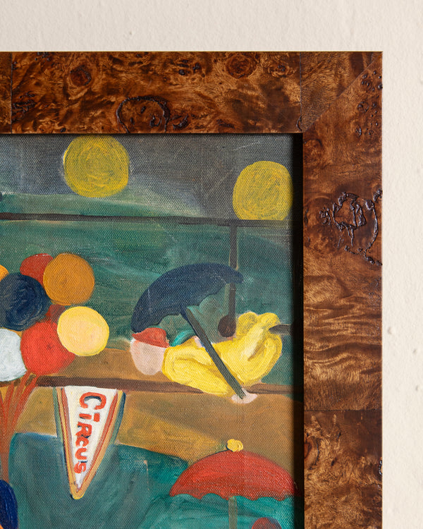 Folk Art Circus Painting in Burl Wood Frame, 1950's