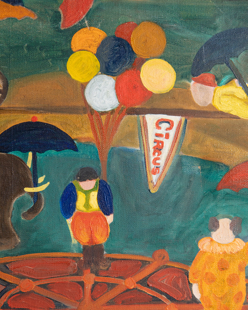 Folk Art Circus Painting in Burl Wood Frame, 1950's