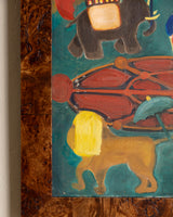 Folk Art Circus Painting in Burl Wood Frame, 1950's