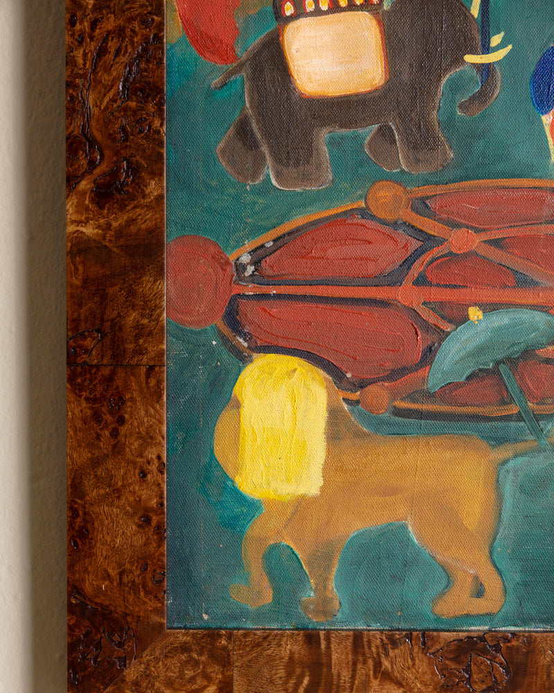 Folk Art Circus Painting in Burl Wood Frame, 1950's