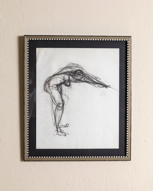 Charcoal Diver Sketch in Inlaid Wood Check Frame, 1960's