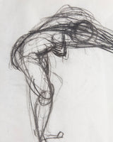 Charcoal Diver Sketch in Inlaid Wood Check Frame, 1960's