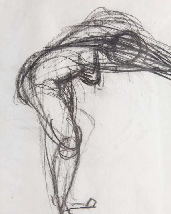 Charcoal Diver Sketch in Inlaid Wood Check Frame, 1960's