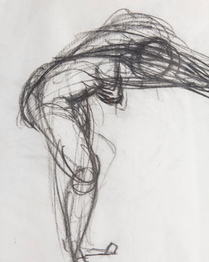 Charcoal Diver Sketch in Inlaid Wood Check Frame, 1960's