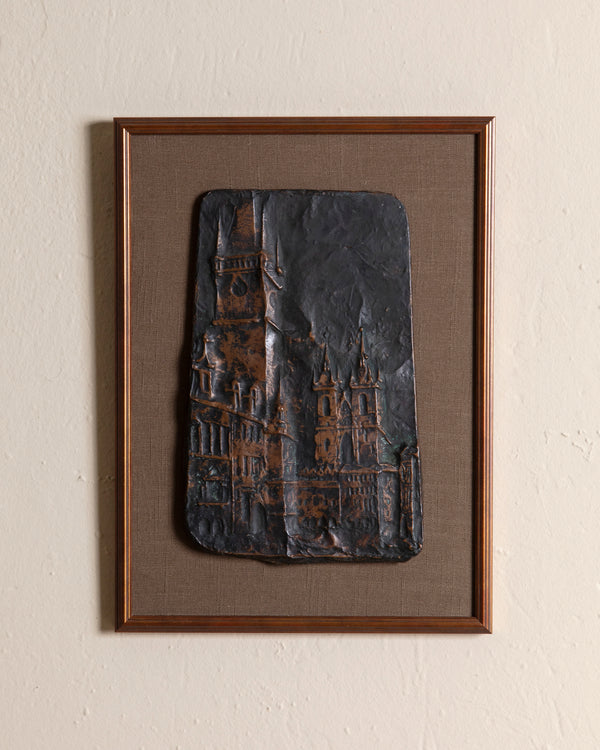 Copper Mounted Cityscape Repoussé mounted on Mink Linen, 1960's