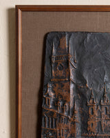Copper Mounted Cityscape Repoussé mounted on Mink Linen, 1960's