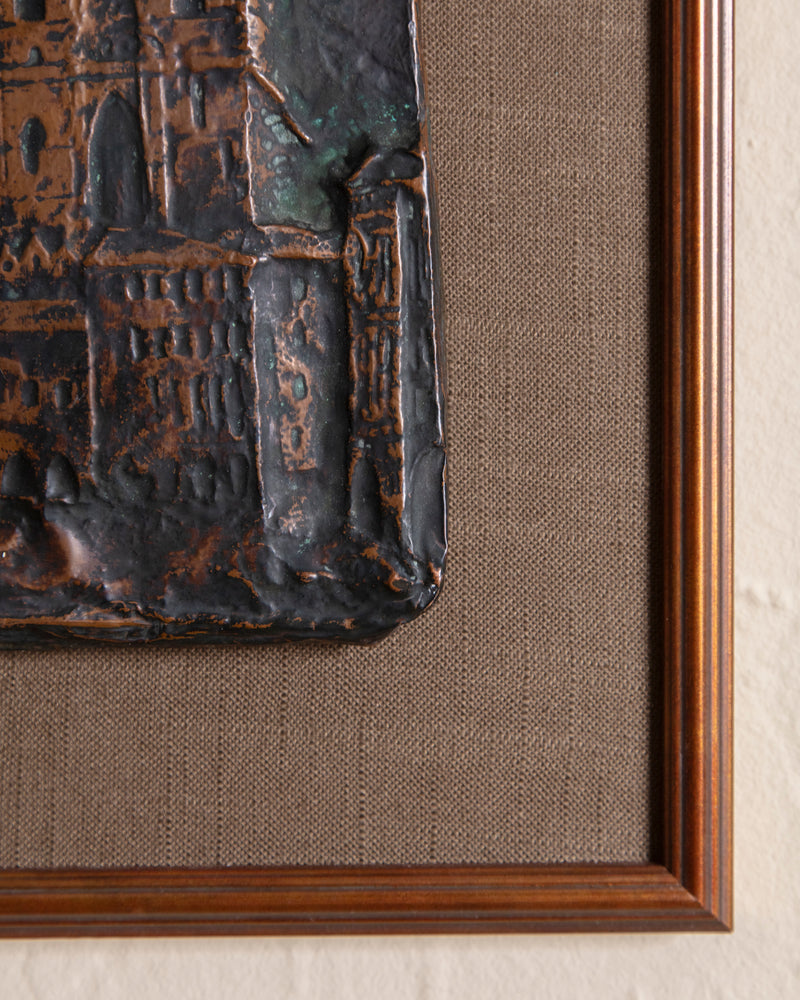 Copper Mounted Cityscape Repoussé mounted on Mink Linen, 1960's