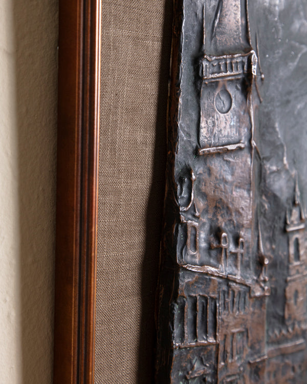 Copper Mounted Cityscape Repoussé mounted on Mink Linen, 1960's